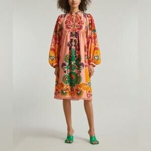 FARM RIO | Peach Amulet Midi Tunic Dress Lace Trim Balloon Sleeves Boho Beach XS